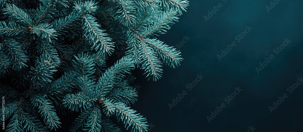 Poster elegant dark green background with fluffy fir tree branches adorned with christmas decorations creat