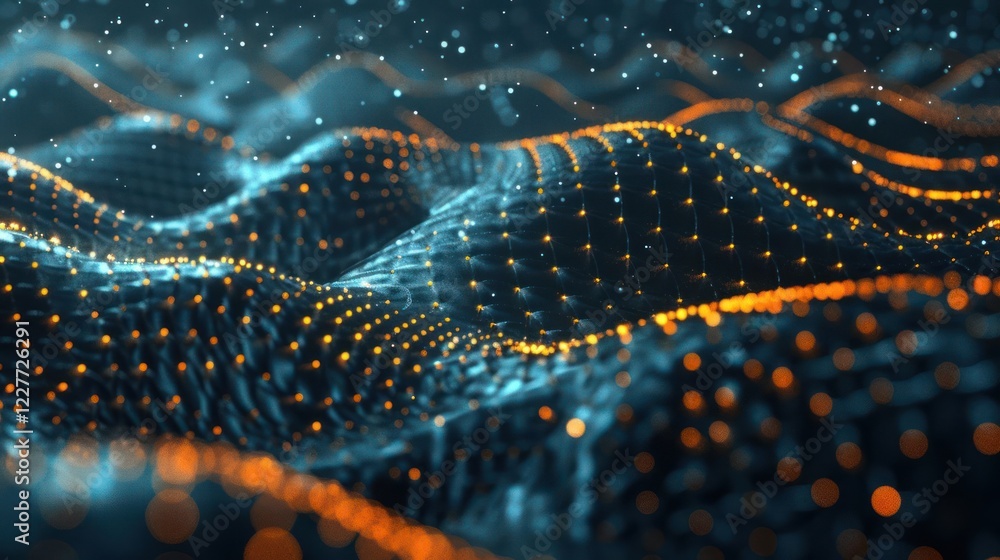 Poster abstract representation of flowing waves with glowing particles in a digital landscape