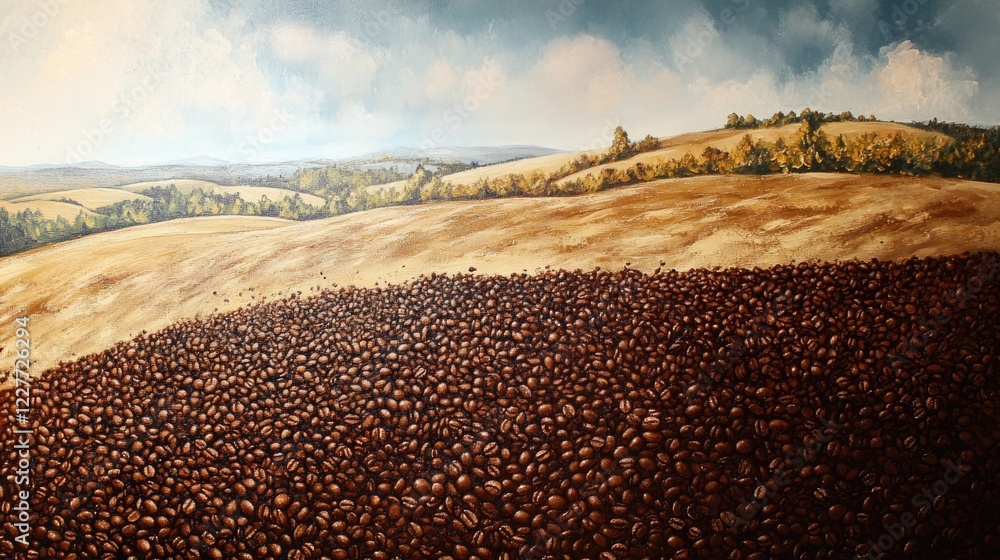 Poster Coffee beans artistically arranged on a field, creating a rich visual contrast that suggests the aromatic essence of freshly brewed coffee.