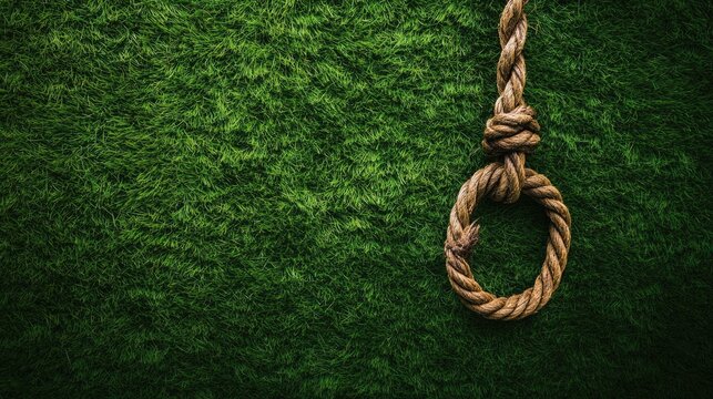 Rope loop with hook lying on a vibrant green grassy surface ideal for outdoor themes and natural backgrounds