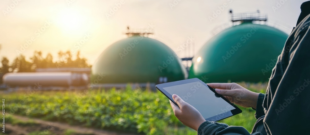 Poster engineers inspecting biogas plant operations using digital tablets with natural landscape and copy s