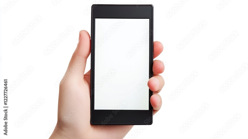 Poster smartphone in hand showcasing blank screen isolated on minimalistic white background for digital mar