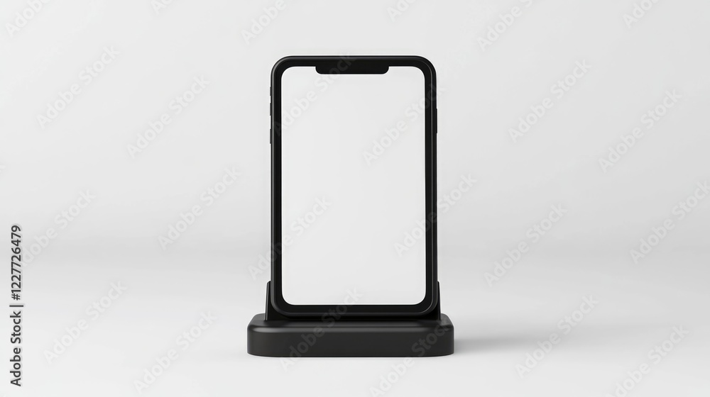Poster smartphone in black holder with blank screen on white background ideal for showcasing ui design mock