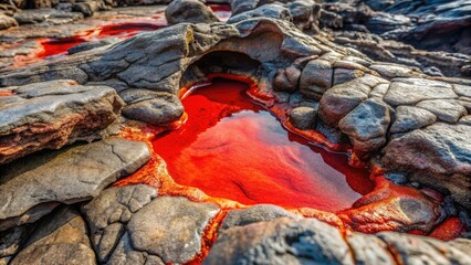 reddish slime oozing from cracks in volcanic rocks, naturalwonders, red, geology, formation