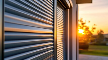 Close up of modern roller shutter system with electric motor at sunrise showcasing sleek design and technology against a soft pastel sky