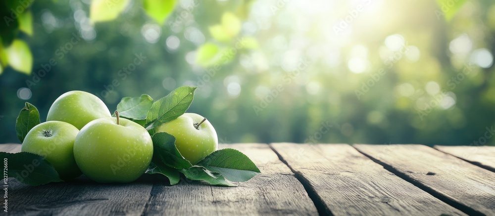 Poster fresh green apples with leaves on rustic wooden table in nature setting with soft focus background p