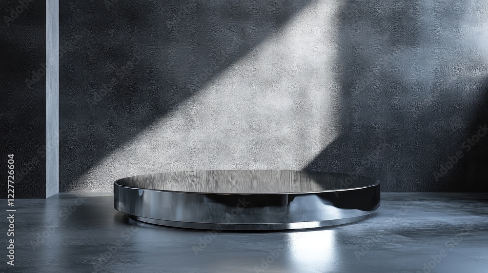 Aufkleber Modern metallic display podium with a reflective surface illuminated by dramatic light in an elegant minimalist setting
