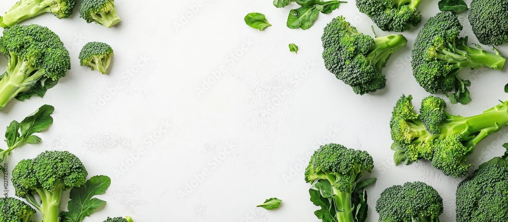 Poster fresh green broccoli arranged on a white background with ample empty space for text, ideal for healt