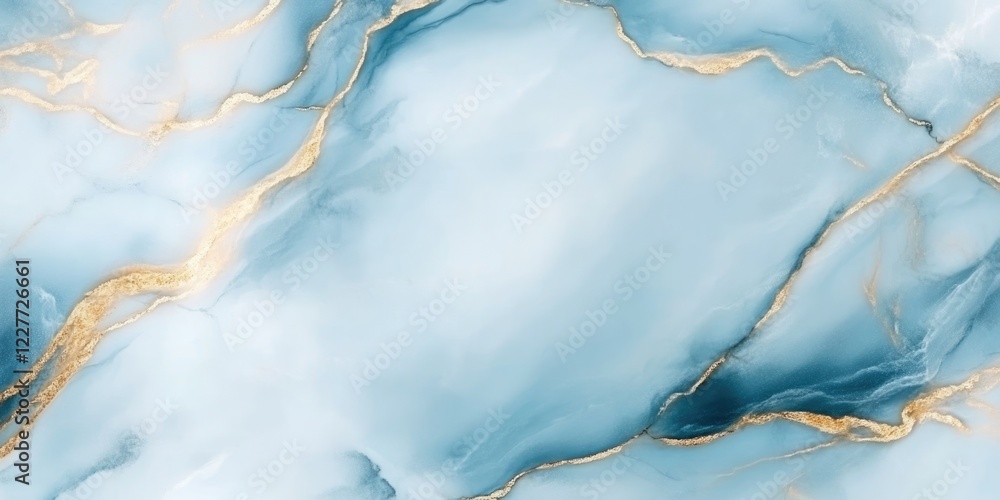 Poster elegant light blue marble texture background with golden veins and ample copy space for versatile te