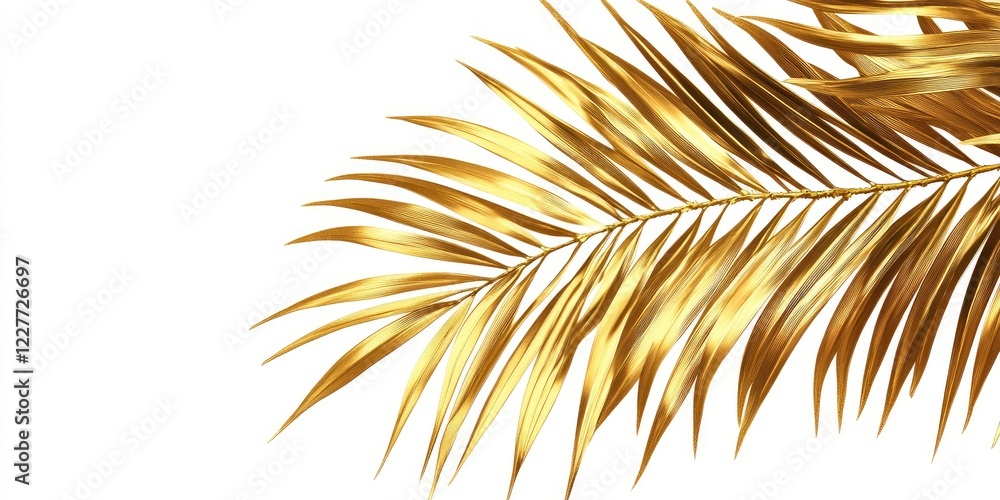 Poster golden palm leaf isolated on white background with ample copy space for elegant text or design eleme