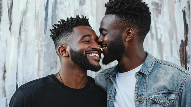 Gay couple grinning and kissing one other's cheeks against a white curtain