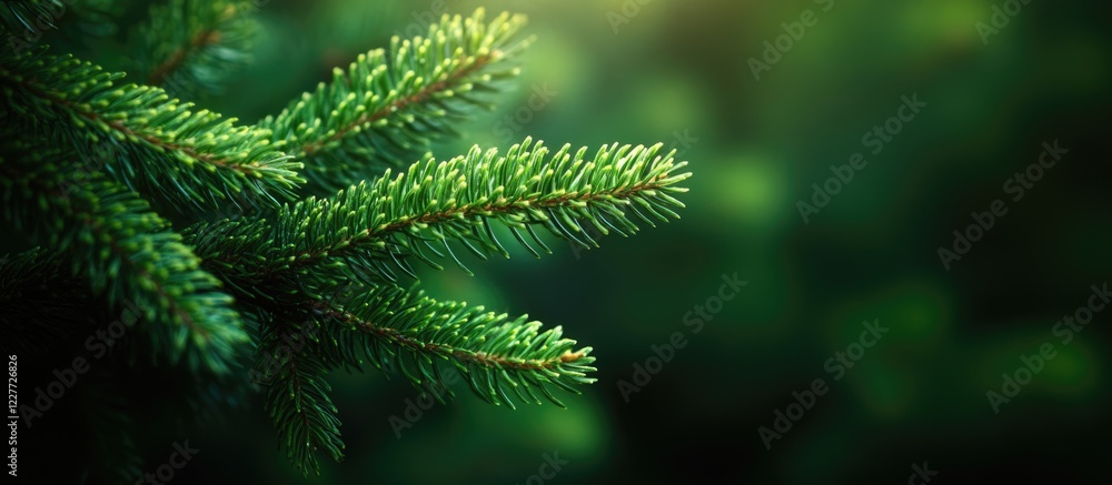 Poster close-up of fresh green christmas tree branch needles with soft focus background and space for text 