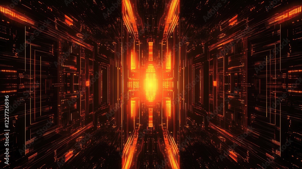 Poster futuristic digital landscape featuring radiant circuitry and glowing elements in a symmetrical desig