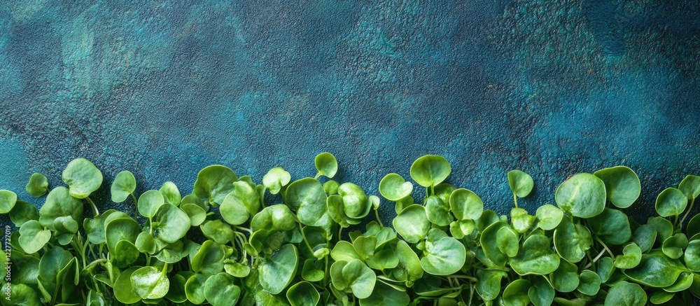 Poster vibrant green microgreens growing along the edge of a textured surface with empty space for text or 