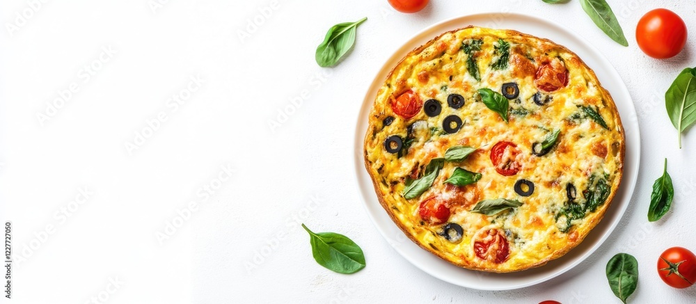 Poster frittata featuring pizza toppings on a white background with empty space ideal for text and culinary