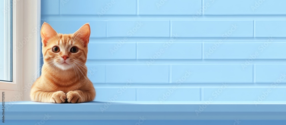 Poster front view of a female orange tabby cat sitting on a windowsill with soft blue background and ample 