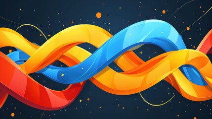 Colorful intertwined ribbons of red, blue, and yellow against a dark starry background