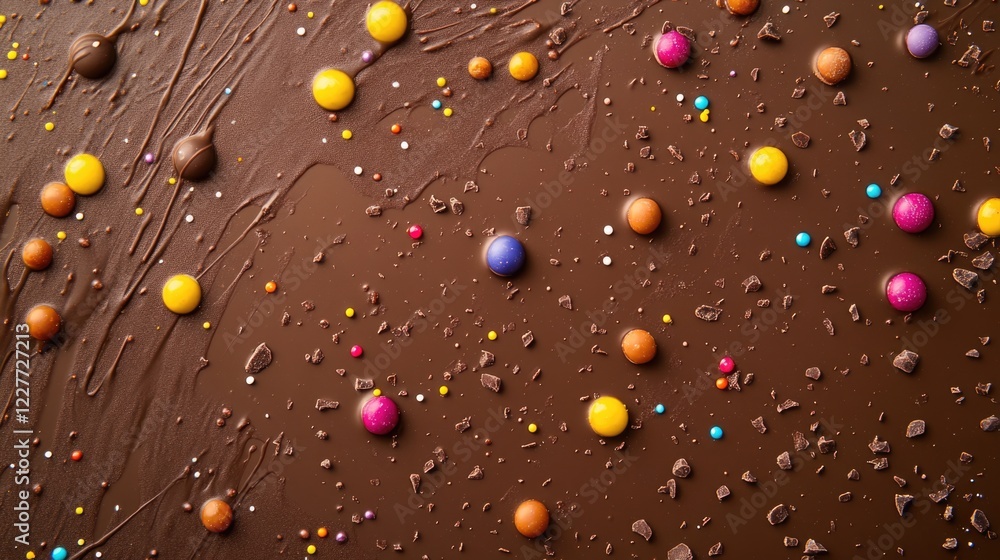 Poster chocolate texture and colorful sprinkles backdrop for dessert design with minimalist realism and emp