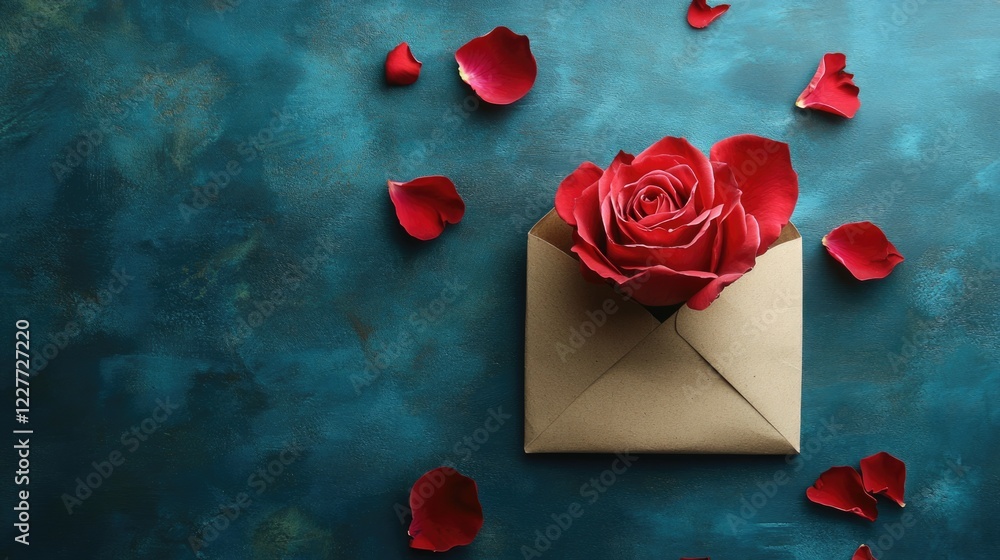 Poster elegant red rose in brown paper envelope surrounded by petals on artistic textured background