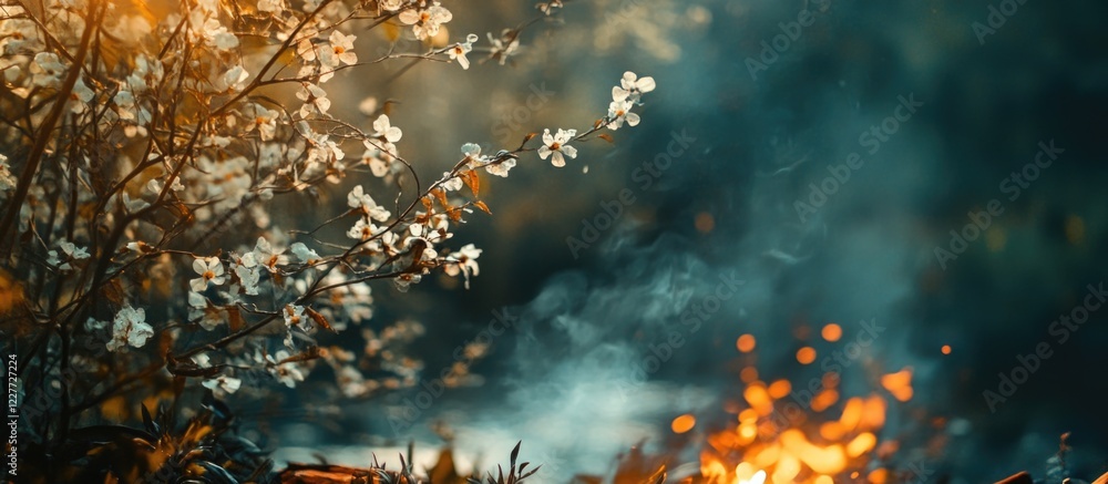 Poster friends gathering around a cozy campfire in a serene forest setting with beautiful bokeh and ample c