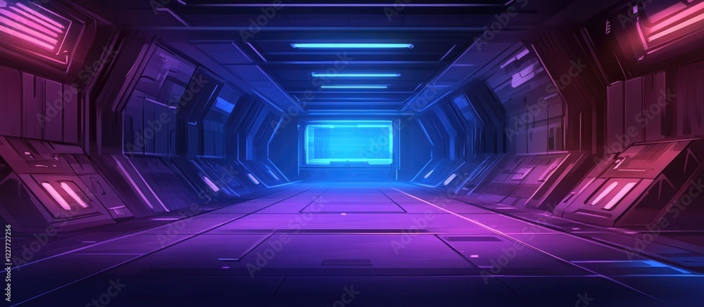 Poster futuristic cyberpunk corridor with vibrant illuminated lights and spacious background for creative t