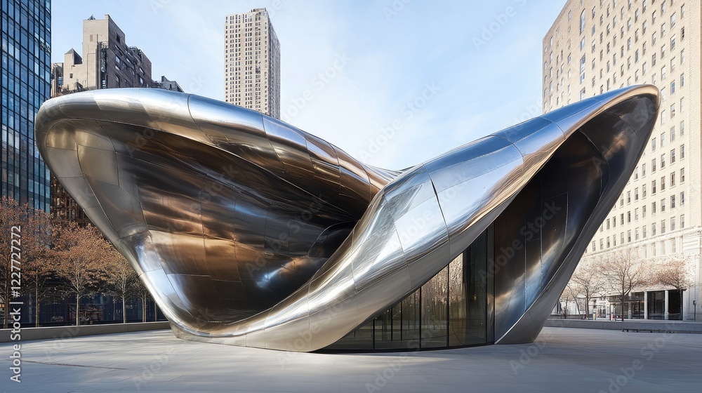 Poster modern metallic architecture highlighting innovative and artistic design in an urban landscape setti