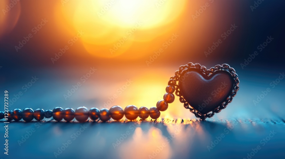 Poster Heart shaped rosary symbolizing spiritual devotion illuminated by soft light creating a serene atmosphere with empty space for text placement