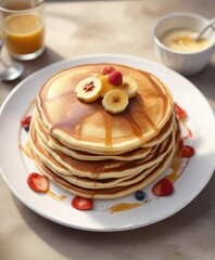 Realistic watercolor painting of freshly made pancakes on a plate, food, plate, painting, pancakes