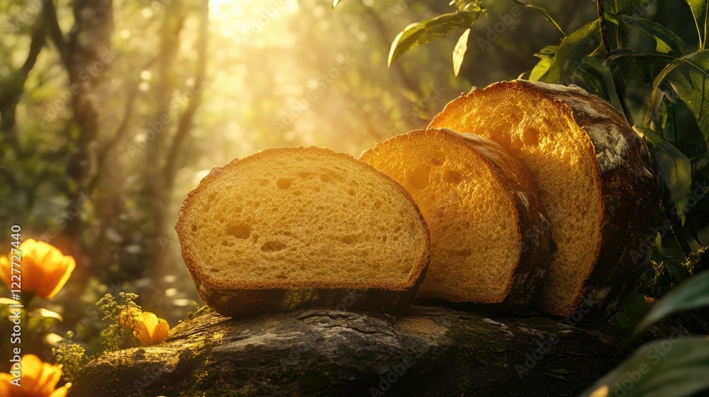 Poster artisan bread slices elegantly displayed in a serene natural setting with soft lighting and lush gre