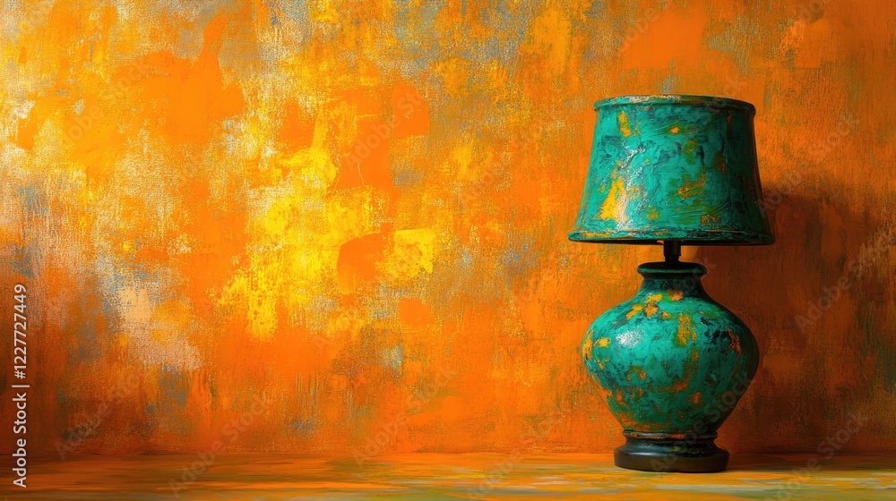 Poster rustic green and orange lamp on vibrant textured orange background highlighting bold colors and arti