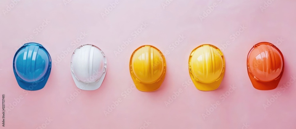Poster engineers hardhats in a row on a pink background with copy space for text on construction safety and
