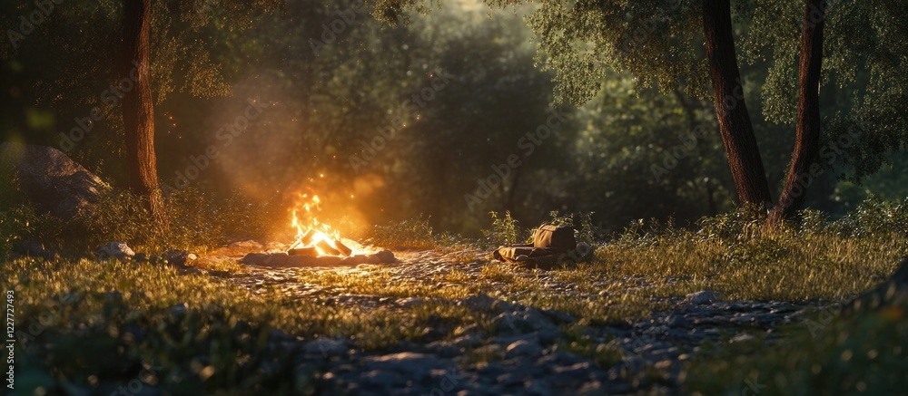 Poster friends gathered around a cozy campfire in a serene forest setting with ample empty space for custom