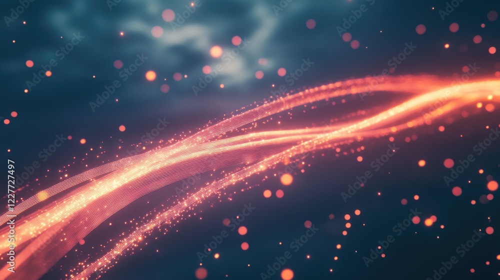 Poster rose gold neon light trails and luminous bokeh against a dramatic dark sky background creating a vis