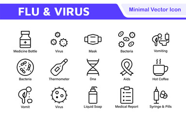 Flu and Virus Icon Set. An essential collection of icons designed to promote health awareness, perfect for enhancing medical materials, educational content, and public health campaigns.