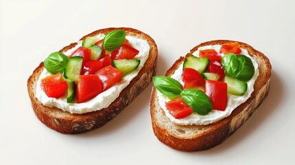Italian bruschetta topped with cream cheese, fresh tomatoes, cucumbers, and basil on rustic bread slices against a light background