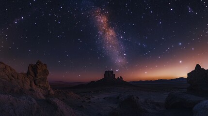 Astrophotography capturing a natural landscape at night showcasing the Milky Way and celestial phenomena in a vast cosmic setting
