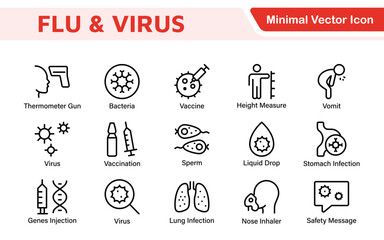 Flu and Virus Icon Set. An essential collection of icons designed to promote health awareness, perfect for enhancing medical materials, educational content, and public health campaigns.