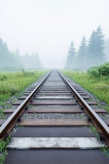 Fototapeta premium A quiet, eerie view of an empty railway platform, with overgrown tracks disappearing into the thick fog