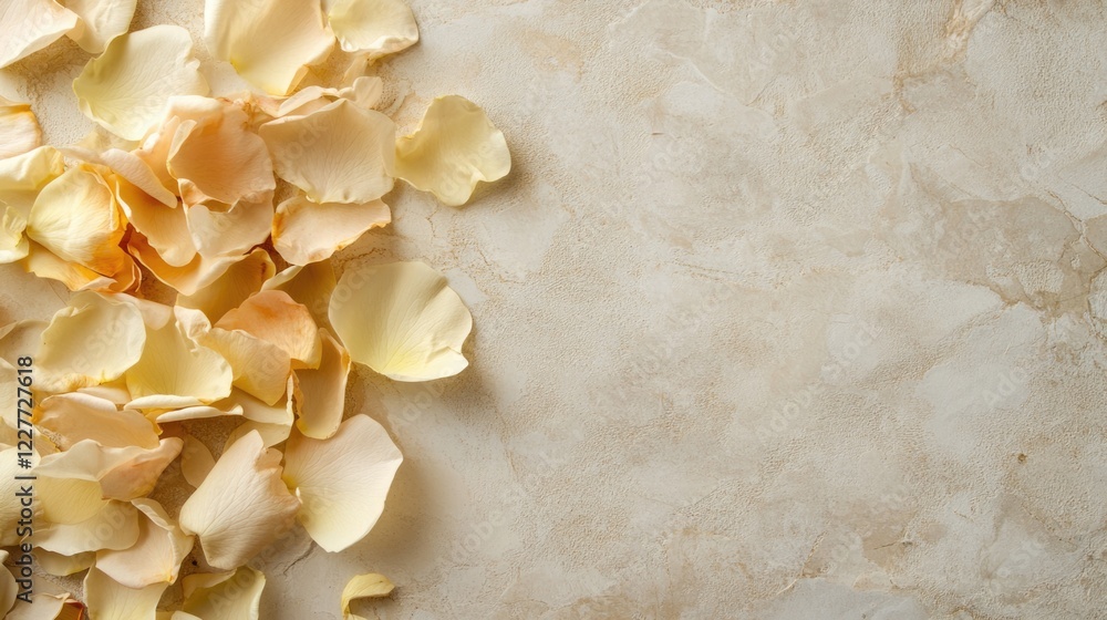 Aufkleber Delicate rose flower petals scattered on a soft light background with ample empty space for design or text placement