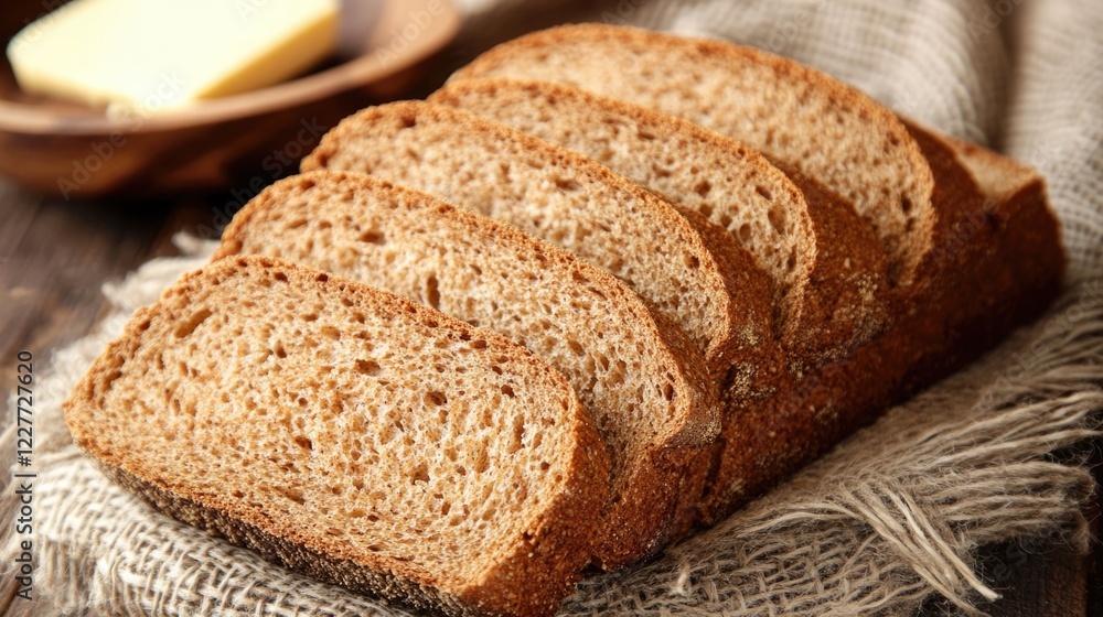 Poster whole wheat bread slices arranged on a rustic table with butter in the background for a healthy brea