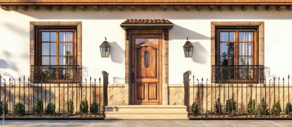 Poster front view of a large model house featuring a wooden door and iron fence with ample empty space for 