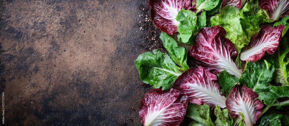 Poster fresh radicchio and green leafy salad laid out on textured surface with ample copy space for text an