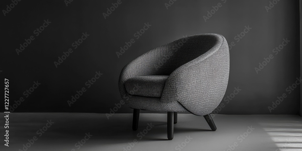 Poster elegant grey upholstered chair in minimalist setting with ample empty space for text and shadows cre