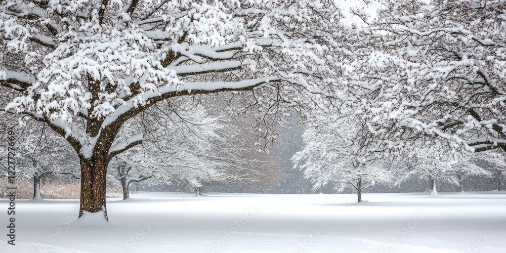 Poster tranquil winter landscape featuring snow-laden trees creating a serene atmosphere with ample blank s