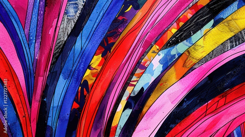 Poster vibrant abstract artwork showcasing colorful brush strokes and dynamic patterns in urban setting