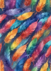 Rainbow hue feathers painted with watercolor technique, fine art, multicolor