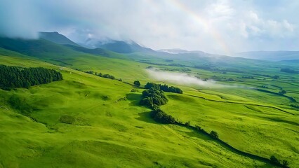 Obraz premium a view of rolling green hills with a light mist in the valley and a mountain range in the distance.
