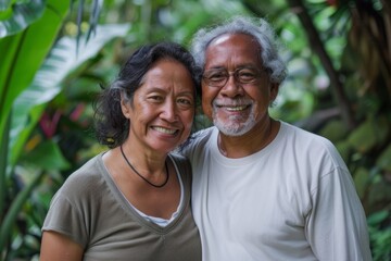 Obraz premium Portrait of a grinning mixed race couple in their 70s sporting a long-sleeved thermal undershirt in front of lush tropical rainforest