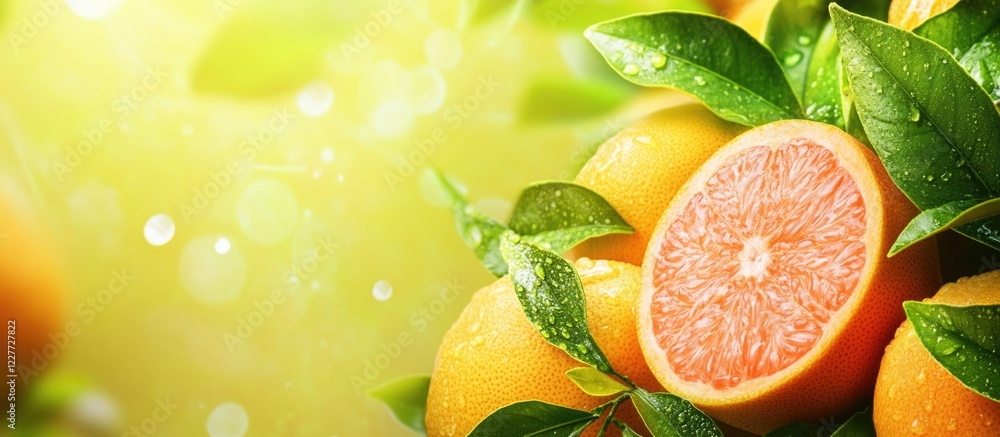 Aufkleber vibrant grapefruit with green leaves on a bright background showcasing refreshing fruit and ample sp