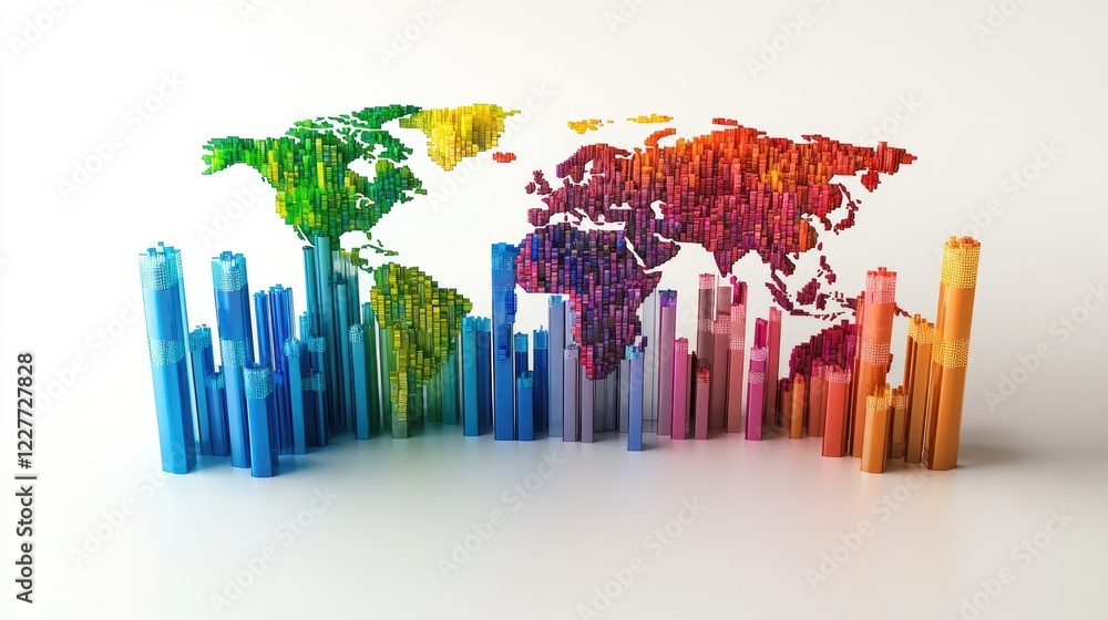 Poster a colorful d bar chart illustrating global economic performance, with each bar representing a differ